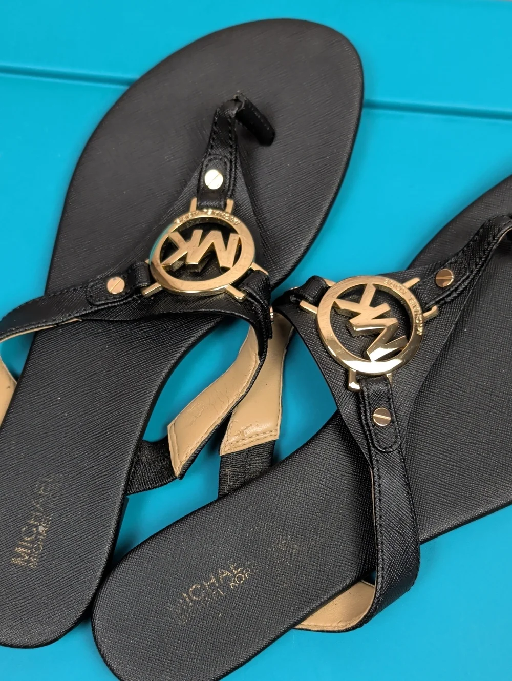 Michael Kors Black MK Gold Logo Thong Sandals 8.5
